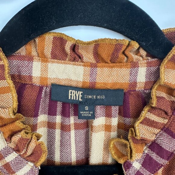 Frye Women's Ruffle Placket Flannel Plaid Top Maroon Gold Yellow Small - Picture 5 of 8